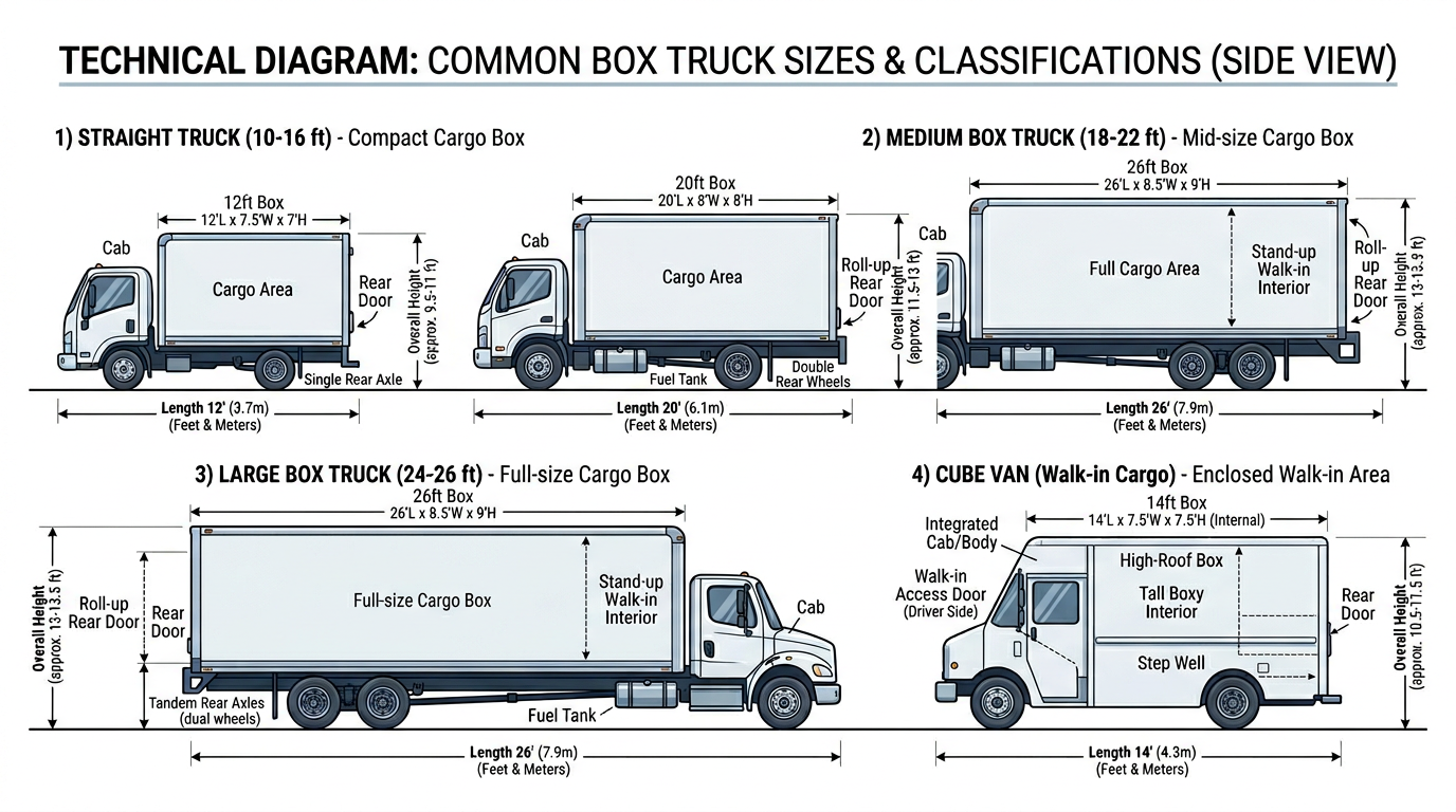 Box truck configurations: 10-16 ft, 18-22 ft, 24-26 ft, cube van
