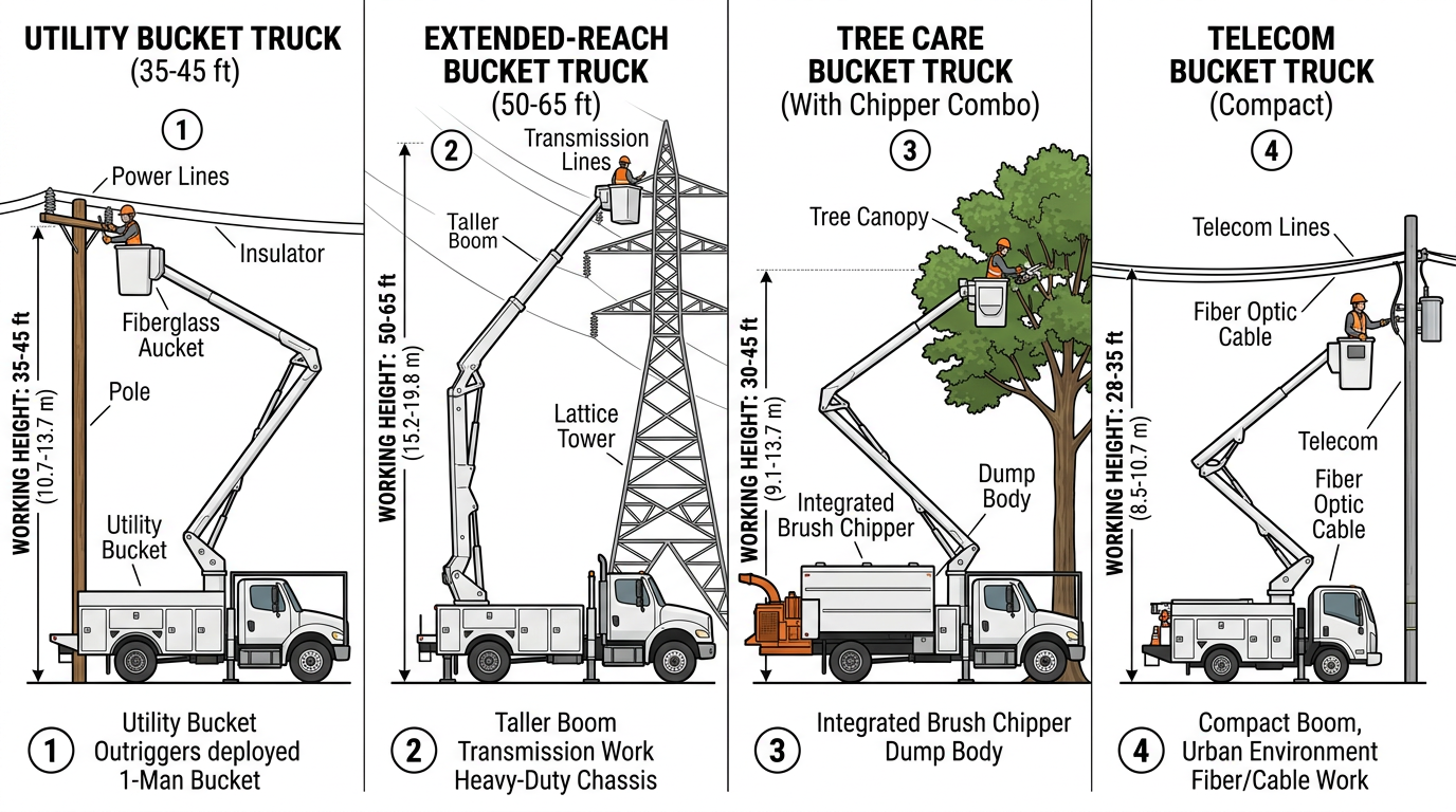 Bucket truck configurations: utility, extended-reach, tree care, telecom