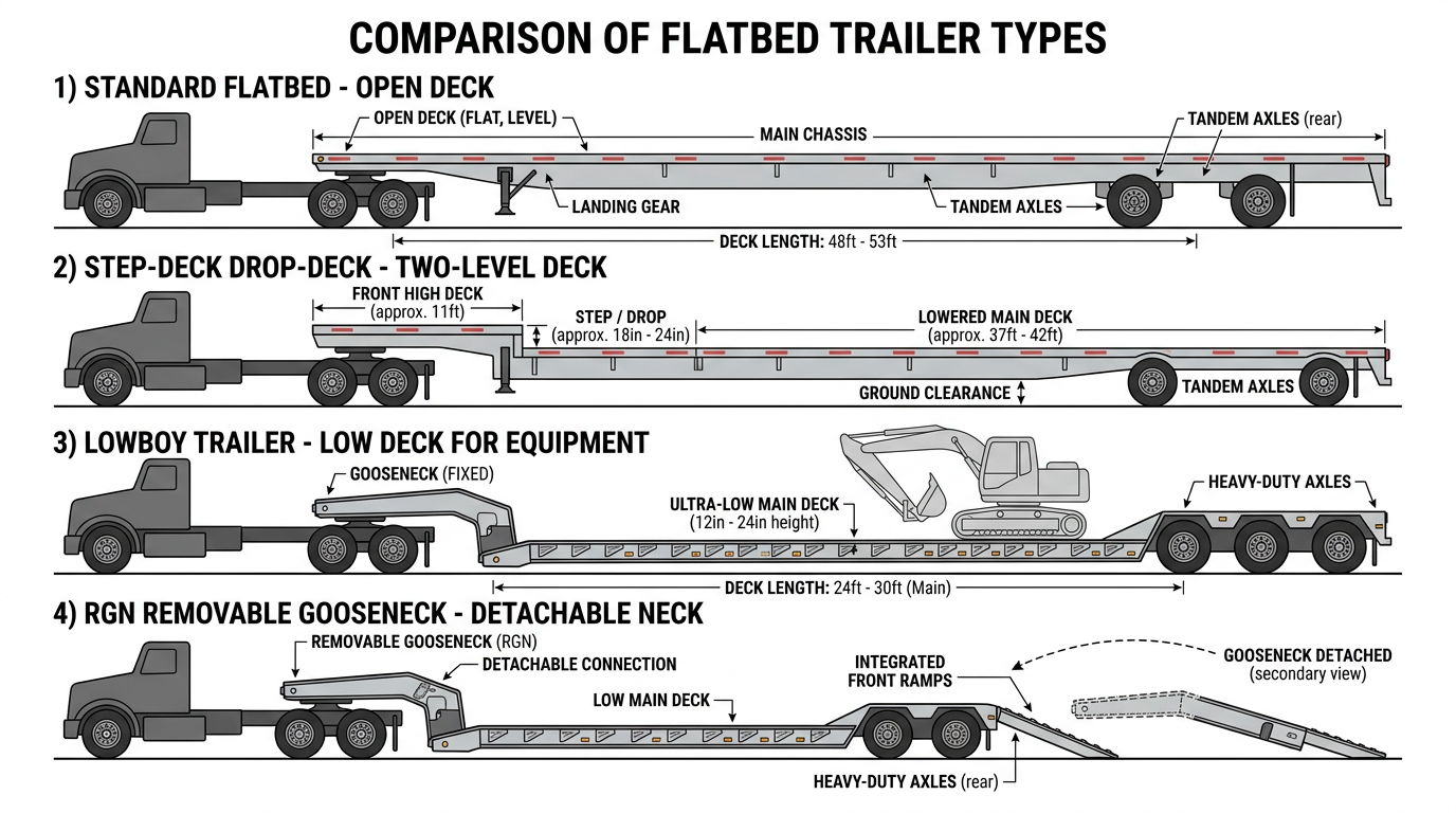 Flatbed configurations: standard, step-deck, lowboy, RGN