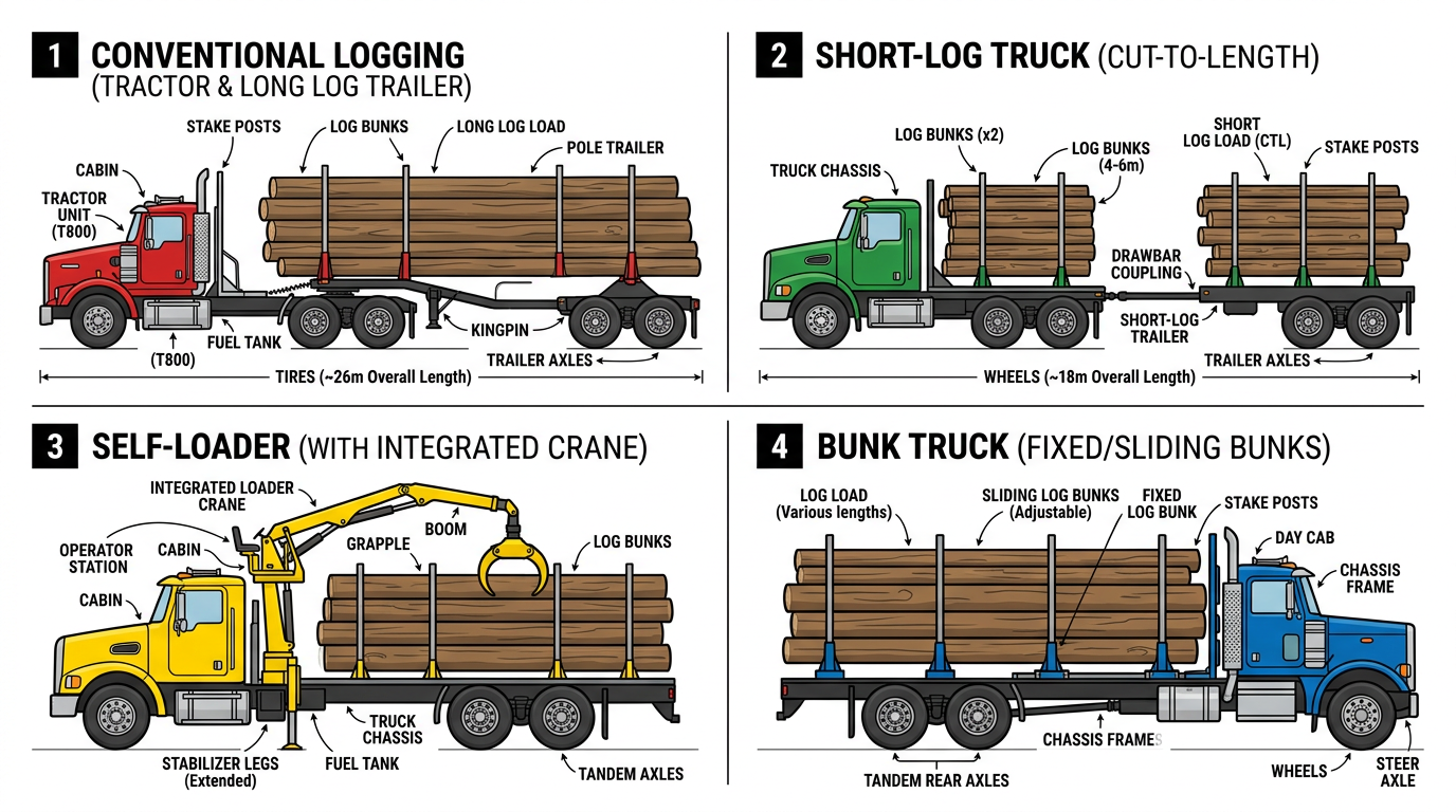 Logging truck configurations: conventional, short-log, self-loader, bunk truck