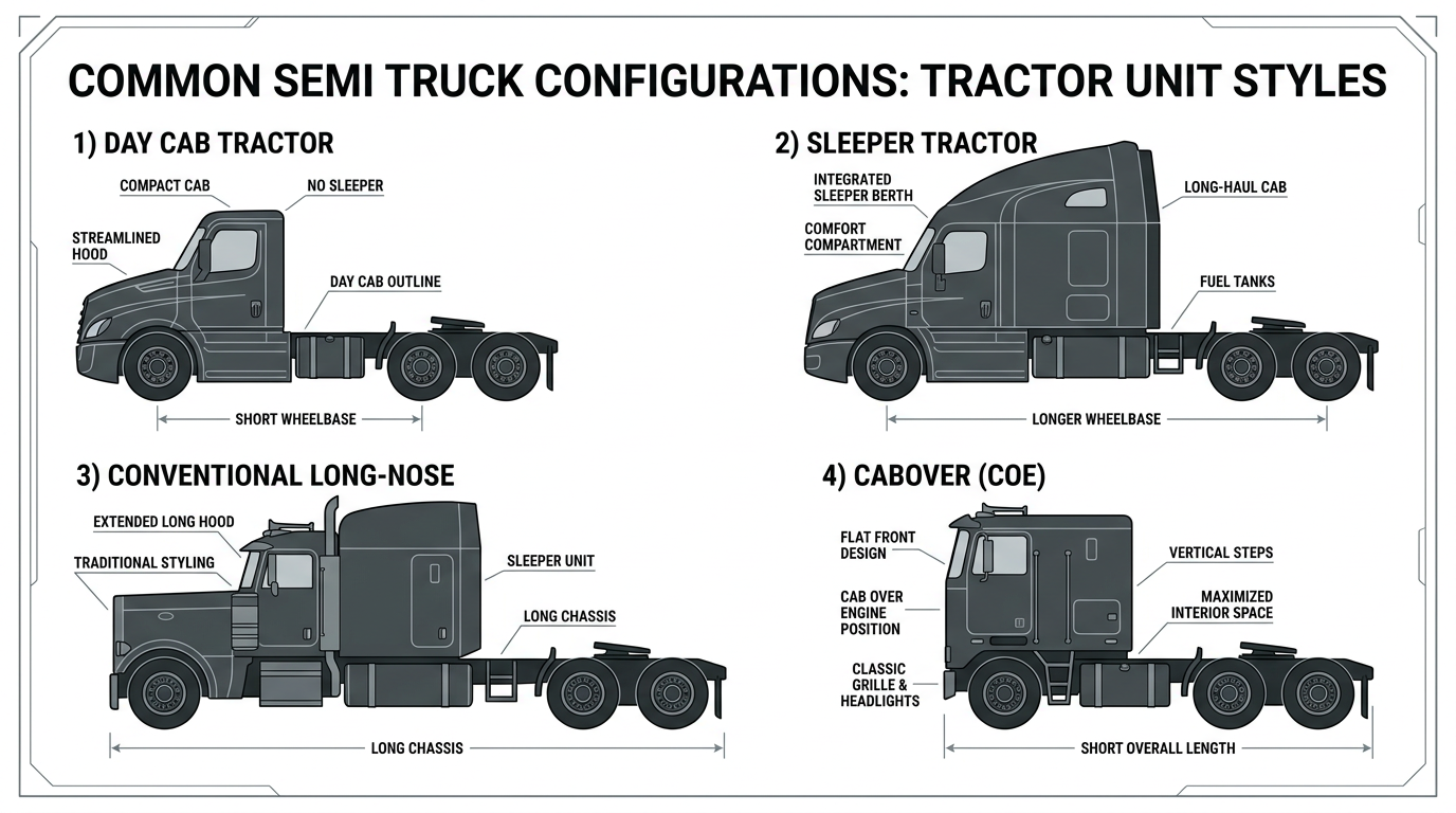 Semi truck configurations: day cab, sleeper, conventional, cabover