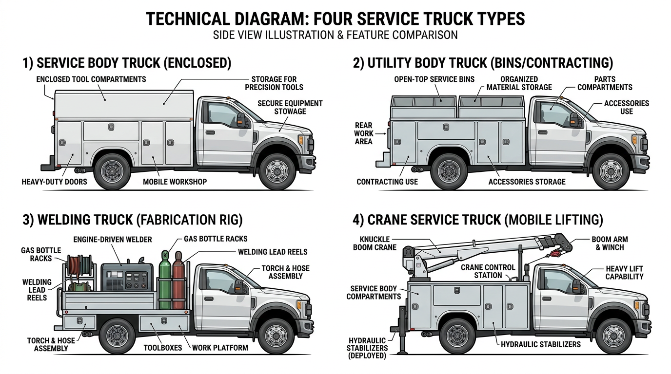 Service truck configurations: service body, utility body, welding, crane service