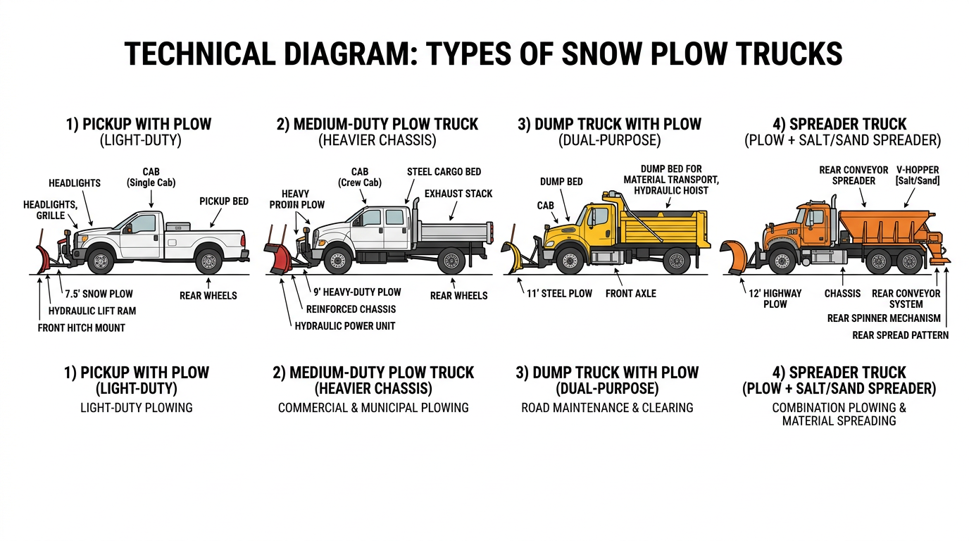 Snow plow configurations: pickup, medium-duty, dump with plow, spreader