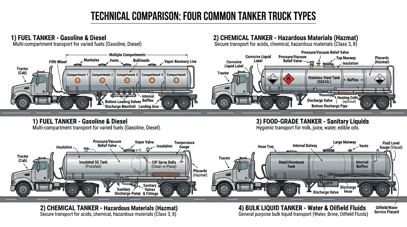 Tanker truck configurations: fuel, chemical, food-grade, bulk liquid